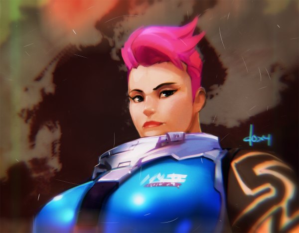 Anime picture 1200x936 with overwatch blizzard entertainment zarya (overwatch) doxy (artist) single looking at viewer short hair breasts pink hair lips black eyes huge breasts girl