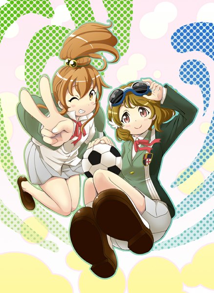 Anime picture 689x943 with original mana12 tall image looking at viewer blush short hair blonde hair smile red eyes multiple girls yellow eyes one eye closed wink orange hair girl skirt 2 girls glasses ball soccer ball