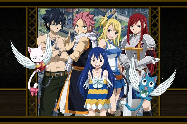 Anime picture 1349x899 with fairy tail lucy heartfilia erza scarlet natsu dragneel gray fullbuster wendy marvell happy (fairy tail) charle (fairy tail) long hair blush short hair open mouth black hair blonde hair smile multiple girls brown eyes blue hair pink hair red hair