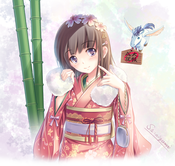 Anime picture 1024x976 with original soraizumi single long hair looking at viewer blush blue eyes black hair smile traditional clothes japanese clothes hair flower new year happy new year girl hair ornament flower (flowers) plant (plants) kimono fur