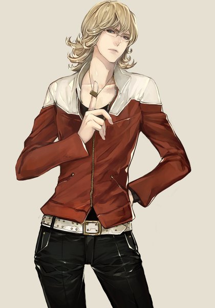 Anime picture 591x844 with tiger & bunny sunrise (studio) barnaby brooks jr. ishizue kachiru single tall image fringe short hair blue eyes blonde hair simple background standing looking away grey background hand on hip boy glasses jacket belt pendant