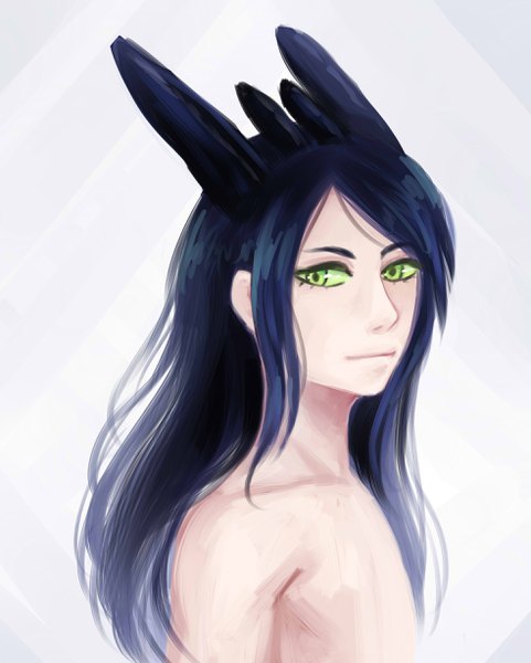 Anime picture 1965x2447 with how to train your dragon dreamworks toothless lon-li-mei single long hair tall image highres green eyes blue hair looking away horn (horns) turning head portrait topless personification boy