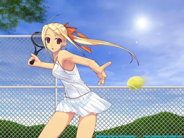 Anime picture 1600x1200 with f-ism murakami suigun single long hair light erotic blonde hair red eyes sky ponytail pantyshot soft beauty tennis girl uniform underwear panties ribbon (ribbons) hair ribbon gym uniform ball