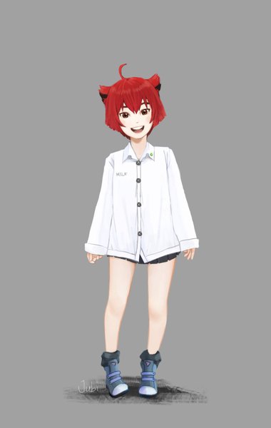 Anime picture 1299x2048 with original milk (jubi) jubi (regiana) single tall image looking at viewer fringe short hair open mouth smile standing brown eyes signed animal ears full body ahoge red hair pleated skirt cat ears grey background