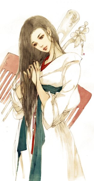 Anime picture 709x1357 with original ibuki satsuki single long hair tall image looking at viewer simple background traditional clothes grey hair grey eyes adjusting hair traditional media girl