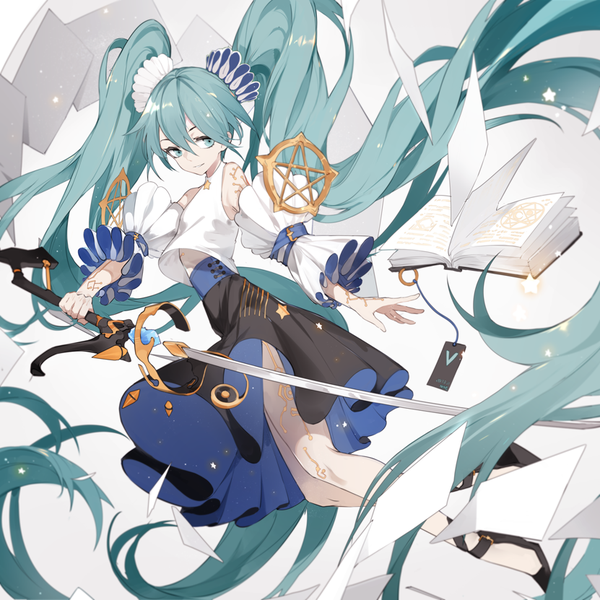 Anime picture 831x831 with vocaloid hatsune miku nine (liuyuhao1992) single fringe smile hair between eyes twintails looking away full body very long hair aqua eyes aqua hair midair girl skirt weapon detached sleeves sword book (books)