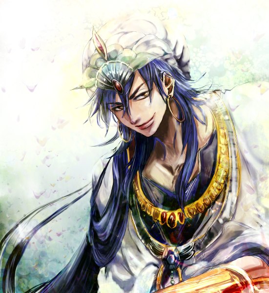 Anime picture 1101x1200 with magi the labyrinth of magic a-1 pictures sinbad (magi) puchibuta single long hair tall image looking at viewer smile yellow eyes purple hair boy earrings headdress jewelry necklace arabian clothes rukh (magi)