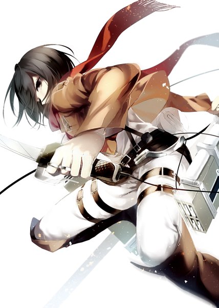 Anime picture 1061x1488 with shingeki no kyojin production i.g mikasa ackerman nishina (alive001) single tall image short hair black hair brown eyes open clothes open jacket girl weapon sword boots belt scarf thigh strap red scarf