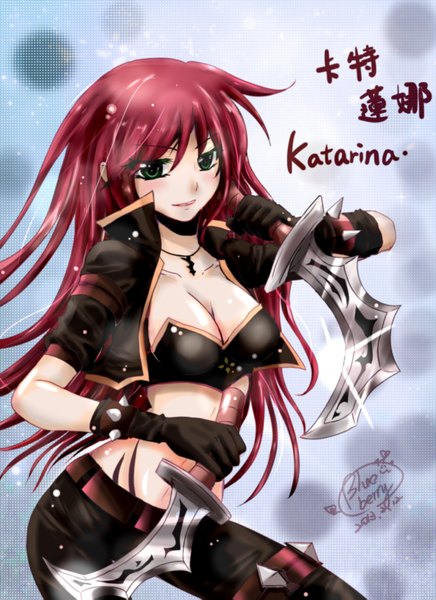 Anime picture 2550x3509 with league of legends katarina (league of legends) single long hair tall image looking at viewer blush highres green eyes cleavage red hair open clothes open jacket midriff tattoo girl gloves weapon pants dagger