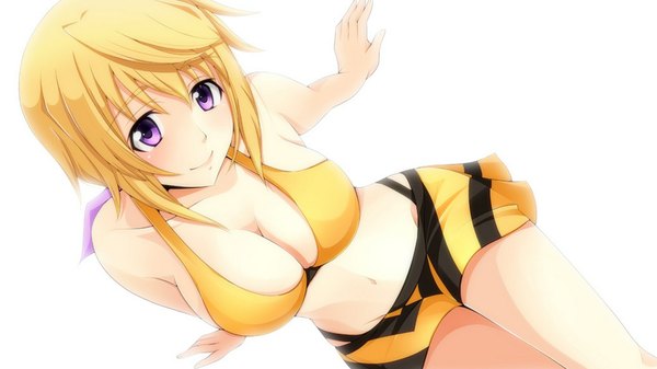 Anime picture 1920x1080 with infinite stratos 8bit charles dunois tagme (artist) single long hair looking at viewer blush highres breasts light erotic simple background blonde hair smile wide image white background purple eyes girl navel swimsuit