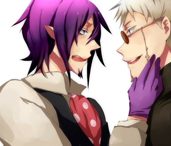 Anime picture 2297x1962 with ao no exorcist a-1 pictures mephisto pheles fujimoto shirou highres short hair simple background white background purple eyes purple hair pointy ears grey hair multiple boys face to face boy gloves glasses 2 boys beard