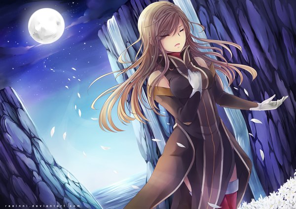 Anime picture 1200x849 with tales of (series) tales of the abyss tear grants raeinni long hair open mouth brown hair bare shoulders sky cloud (clouds) eyes closed night girl dress gloves flower (flowers) petals elbow gloves moon