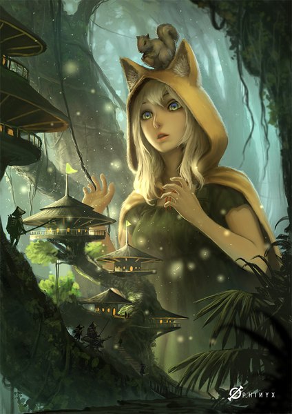Anime picture 744x1052 with original namae shifuta long hair tall image fringe blue eyes blonde hair green eyes animal ears looking away parted lips arm up lips realistic fox ears city looking down fake animal ears multicolored eyes giant