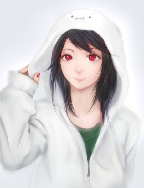 Anime picture 1091x1421 with original moekyon single long hair tall image looking at viewer black hair smile red eyes :3 girl hood