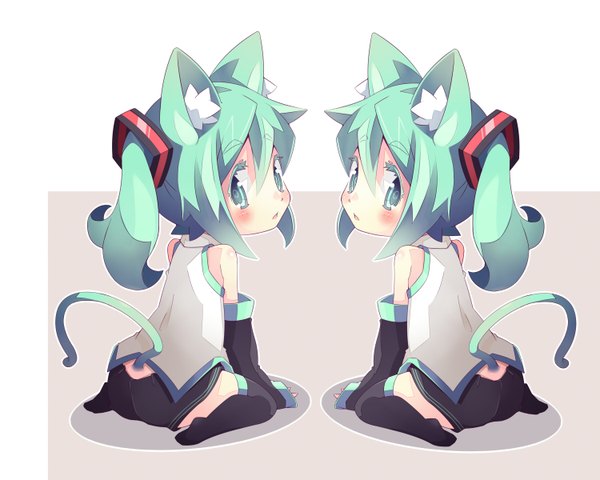 Anime picture 1500x1200 with vocaloid hatsune miku shiitake (mm0820) long hair blush twintails bare shoulders animal ears aqua eyes cat ears aqua hair cat girl cat tail chibi girl thighhighs skirt black thighhighs detached sleeves miniskirt