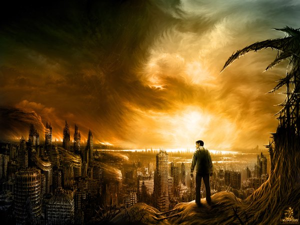 Anime picture 1600x1202 with alexiuss city evening sunset cityscape landscape ruins post-apocalyptic