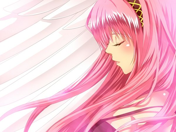 Anime picture 1024x768 with vocaloid megurine luka long hair blush pink hair eyes closed profile girl hairband