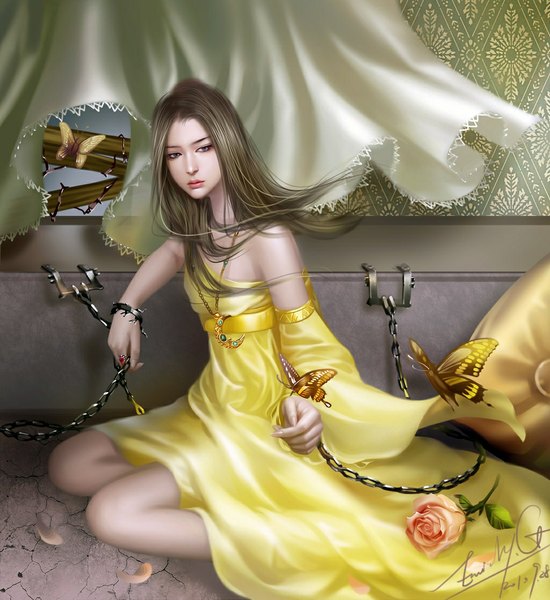 Anime picture 1024x1117 with emilyg single long hair tall image brown hair bare shoulders signed wind realistic grey eyes girl dress flower (flowers) detached sleeves petals pillow rose (roses) pendant insect butterfly