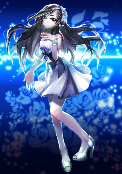 Anime picture 767x1086 with original noa (artist) single long hair tall image looking at viewer black hair black eyes blue background girl dress flower (flowers) shoes bracelet