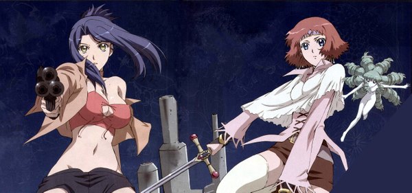 Anime picture 2659x1249 with sisters of wellber rita ciol tina lottar long hair highres short hair blue eyes brown hair wide image multiple girls yellow eyes blue hair princess girl thighhighs navel weapon 2 girls white thighhighs sword