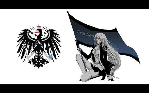 Anime picture 1680x1050 with axis powers hetalia studio deen prussia (hetalia) single long hair looking at viewer simple background blonde hair red eyes wide image white background monochrome girl thighhighs skirt gloves jacket flag