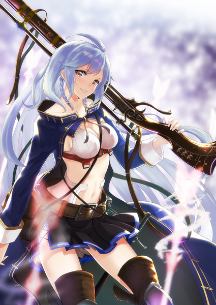 イラスト 2508x3541 と グランブルーファンタジー silva (granblue fantasy) 藍右恵緒 ソロ 長身像 カメラ目線 赤面 前髪 highres おっぱい light erotic hair between eyes 大きな乳房 黄色眼 cleavage 銀髪 アホ毛 三つ編み very long hair へそ出し