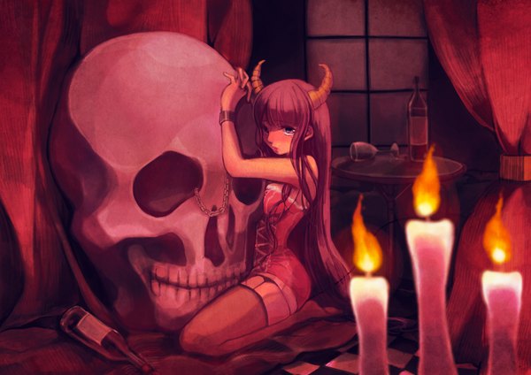 Anime picture 3541x2507 with original rain987107 long hair looking at viewer highres light erotic purple eyes absurdres purple hair horn (horns) girl thighhighs black thighhighs chain curtains bottle skull corset candle (candles)