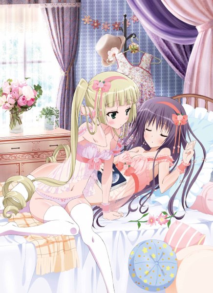 Anime picture 1860x2560 with ebiten anime international company todayama izumiko rikei hiromatsu long hair tall image blush highres light erotic blonde hair sitting twintails multiple girls green eyes purple hair lying eyes closed scan girl thighhighs