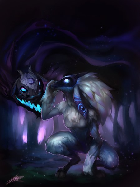 Anime picture 1575x2100 with league of legends kindred (league of legends) lamb (league of legends) phantom (ptcrow) long hair tall image breasts blue eyes silver hair squat animal mask wolf sheep