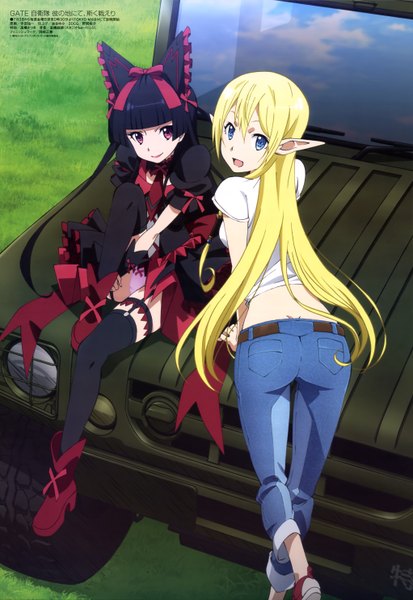 Anime picture 4088x5935 with gate - jieitai ka no chi nite kaku tatakaeri a-1 pictures megami magazine rory mercury tuka luna marceau long hair tall image highres open mouth blue eyes light erotic black hair blonde hair purple eyes multiple girls absurdres pointy ears official art pantyshot lolita fashion