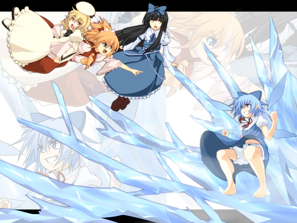 Anime picture 1800x1350 with touhou cirno star sapphire luna child sunny milk kamo (yokaze) highres blue eyes black hair blonde hair red eyes yellow eyes blue hair girl bow hat