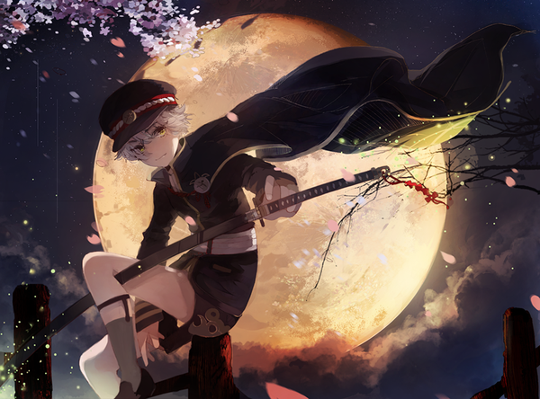 Anime picture 800x593 with touken ranbu nitroplus hotarumaru left mouse single looking at viewer fringe short hair smile holding yellow eyes outdoors head tilt night unsheathing boy weapon petals sword shorts