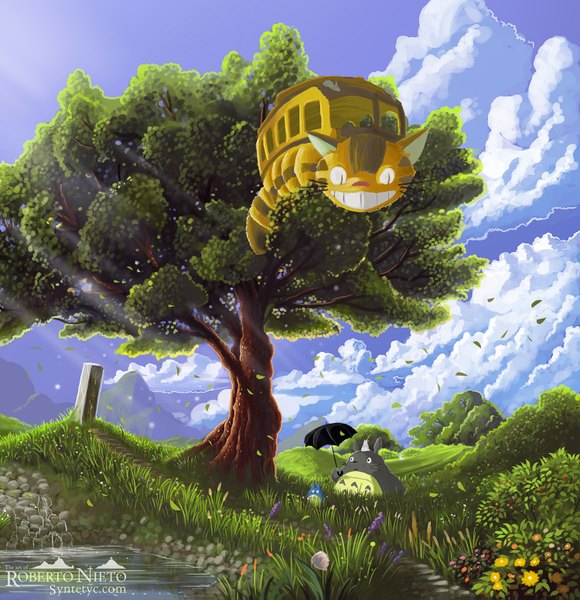 Anime picture 1500x1551 with tonari no totoro studio ghibli totoro chibi totoro nekobus syntetyc tall image smile sky cloud (clouds) wind mountain flower (flowers) plant (plants) animal tree (trees) water leaf (leaves) umbrella mouse