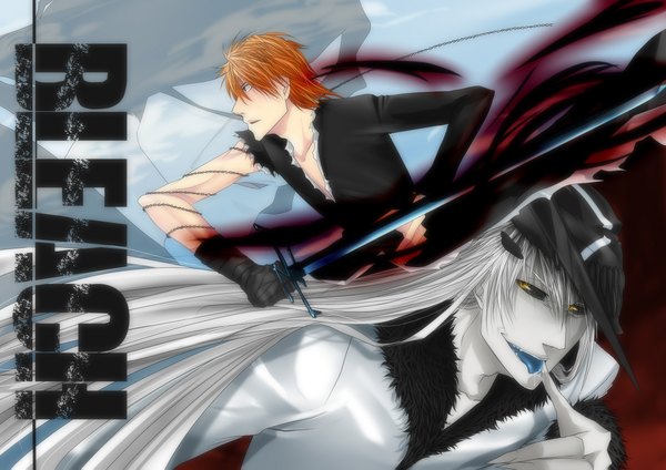 Anime picture 2338x1655 with bleach studio pierrot kurosaki ichigo sloopy (artist) long hair highres white hair black eyes orange hair teeth fang (fangs) torn clothes dual persona hollow boy sword tongue chain mask bandage (bandages)