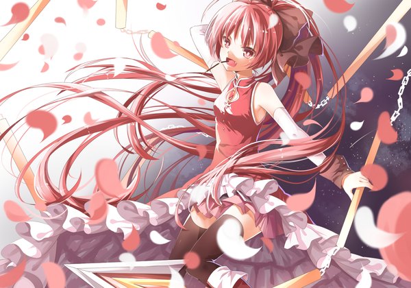 Anime picture 1500x1050 with mahou shoujo madoka magica shaft (studio) sakura kyouko transistor (poppy) single looking at viewer red eyes ahoge ponytail very long hair teeth fang (fangs) magical girl girl thighhighs dress bow black thighhighs hair bow detached sleeves