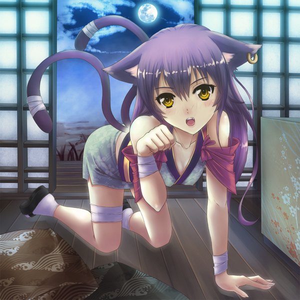 Anime picture 2000x2000 with original sawwei005 single long hair looking at viewer blush highres open mouth bare shoulders animal ears yellow eyes purple hair tail traditional clothes animal tail cat ears night cat girl cat tail multiple tails
