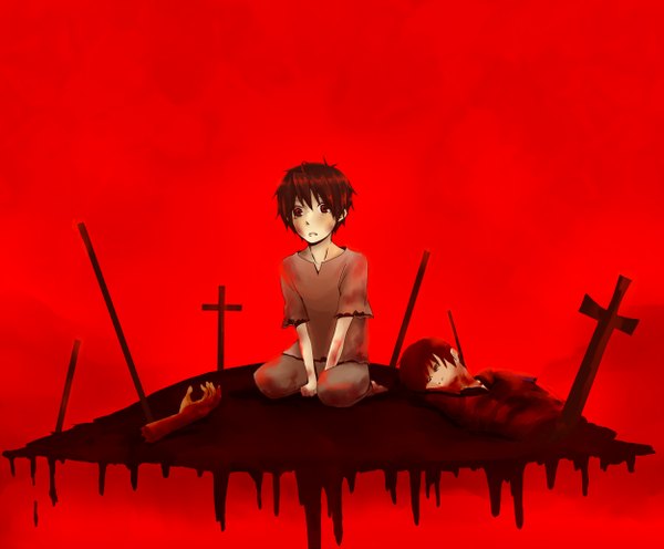 Anime picture 1250x1035 with legend of the legendary heroes zexcs ryner lute tarika short hair simple background red eyes sitting torn clothes red background alternate age younger boy blood cross hands corpse
