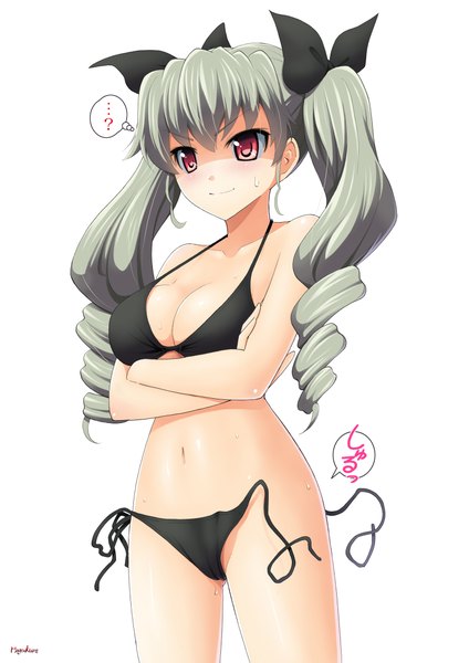 Anime picture 1535x2171 with girls und panzer anchovy (girls und panzer) number10 (hagakure) single long hair tall image light erotic simple background red eyes white background twintails grey hair drill hair girl navel bow swimsuit hair bow bikini black bikini