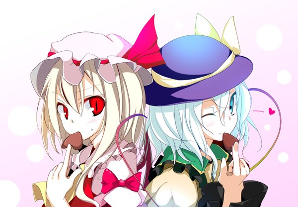 Anime picture 1500x1042 with touhou flandre scarlet komeiji koishi oouso (usotsukiya) short hair blue eyes blonde hair red eyes multiple girls white hair one eye closed wink eating animal eyes girl 2 girls hat food heart sweets