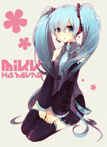 Anime picture 732x1000 with vocaloid hatsune miku etsuo single tall image looking at viewer blush open mouth simple background sitting twintails very long hair aqua eyes aqua hair grey background character names girl detached sleeves headphones