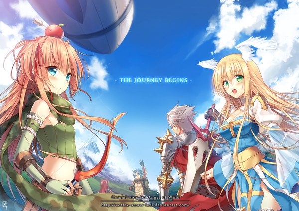 Anime picture 1280x905 with ragnarok online tagme (character) high priest apple o archer luzi (coffee-straw-luzi) long hair blush short hair open mouth blue eyes blonde hair smile multiple girls green eyes blue hair sky cloud (clouds) white hair red hair inscription