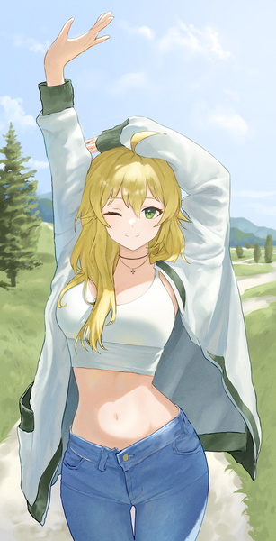 Anime picture 1278x2500 with idolmaster hoshii miki e ga ku single long hair tall image looking at viewer fringe breasts blonde hair smile hair between eyes standing green eyes payot sky cloud (clouds) ahoge outdoors one eye closed