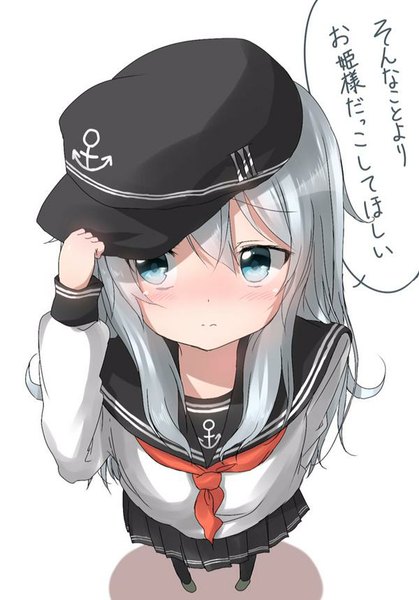 Anime picture 600x858 with kantai collection hibiki destroyer pentagon (railgun ky1206) single long hair tall image blush fringe blue eyes simple background standing white background looking away silver hair shadow hand on head arm behind back girl skirt uniform