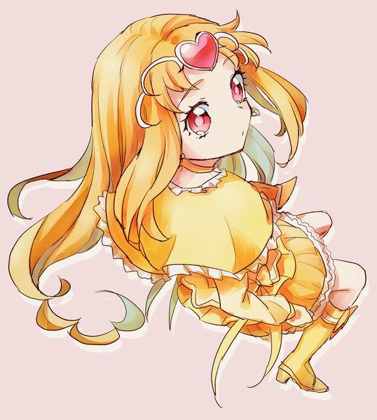 Anime picture 815x909 with precure suite precure toei animation shirabe ako cure muse (yellow) kurochiroko single long hair tall image simple background looking away pink eyes from above orange hair pink background magical girl girl hair ornament knee boots