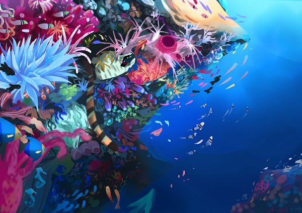 Anime picture 1012x716 with original mimi n (futarinokizuna) underwater plant (plants) sea fish (fishes) coral algae