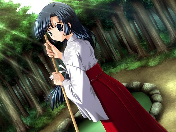 Anime picture 1024x768 with suika (game) long hair black hair game cg black eyes miko girl tree (trees) forest