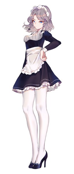 Anime picture 800x1866 with touhou izayoi sakuya hillly (maiwetea) single tall image looking at viewer blue eyes simple background standing white background silver hair full body braid (braids) maid high heels zettai ryouiki puffy sleeves twin braids girl dress
