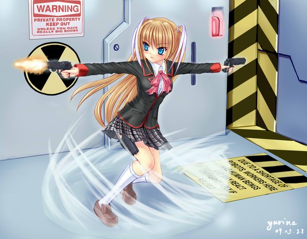 Anime picture 2000x1563 with little busters! key (studio) tokido saya long hair highres blue eyes blonde hair holding spread arms dual wielding girl skirt weapon miniskirt socks gun white socks fire warning sign
