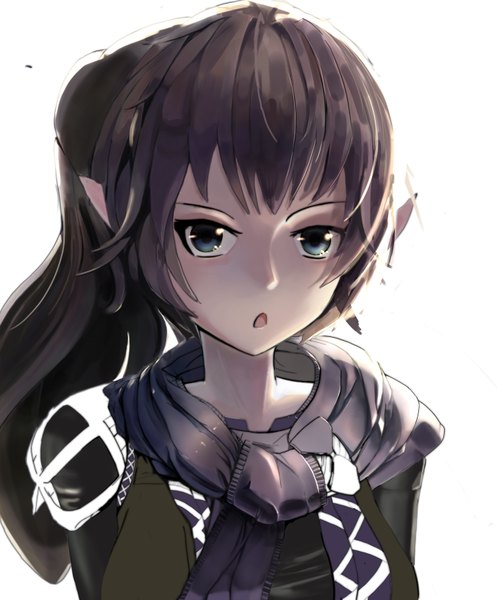 Anime picture 2704x3266 with touhou mizuhashi parsee janyhero single long hair tall image looking at viewer highres open mouth blue eyes simple background brown hair white background ponytail pointy ears close-up girl
