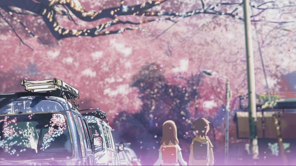 Anime picture 1600x900 with 5 centimeters per second toono takaki shinohara akari shinkai makoto short hair brown hair wide image from behind cherry blossoms back girl boy plant (plants) petals tree (trees) ground vehicle child (children) backpack car